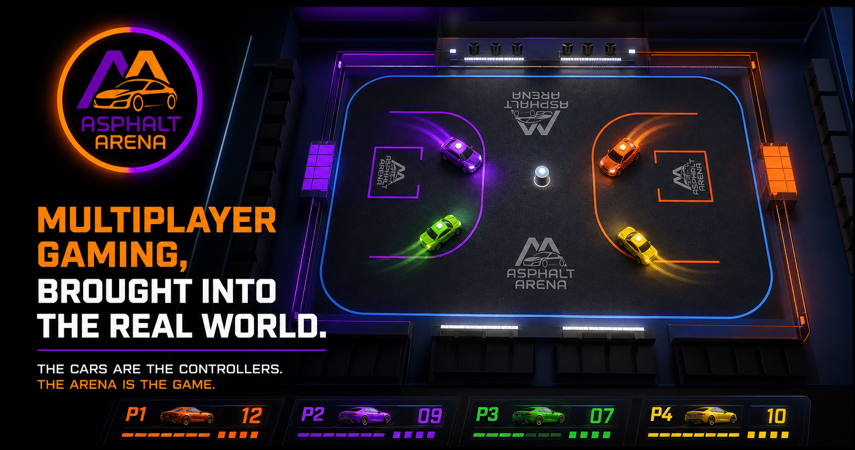 Asphalt Arena artwork showing the four player cars moving through the glowing game arena